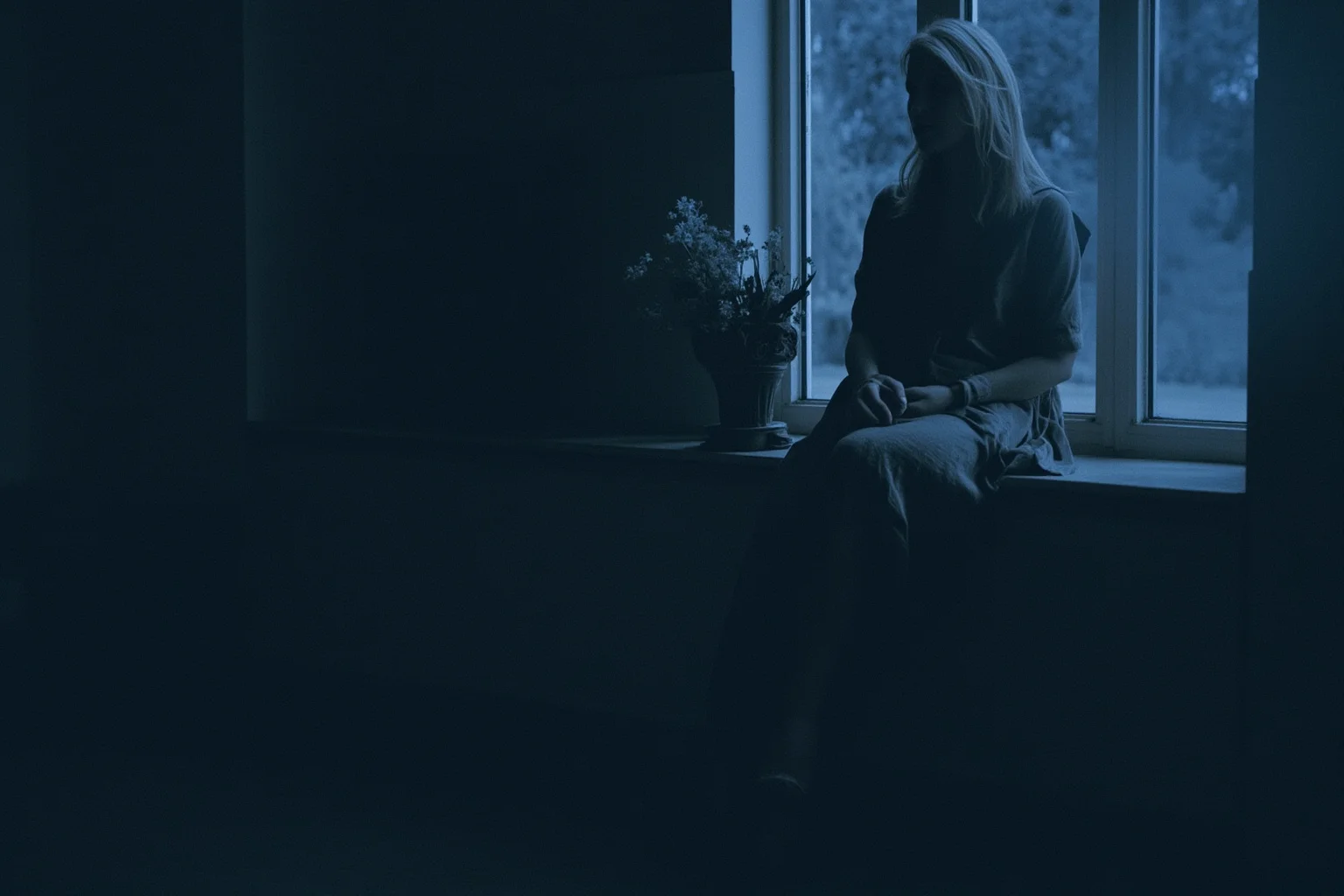 A lonely woman seated by a window in a dim room, a faded vase of flowers beside her, painted in somber blue tones, impressionistic and faceless