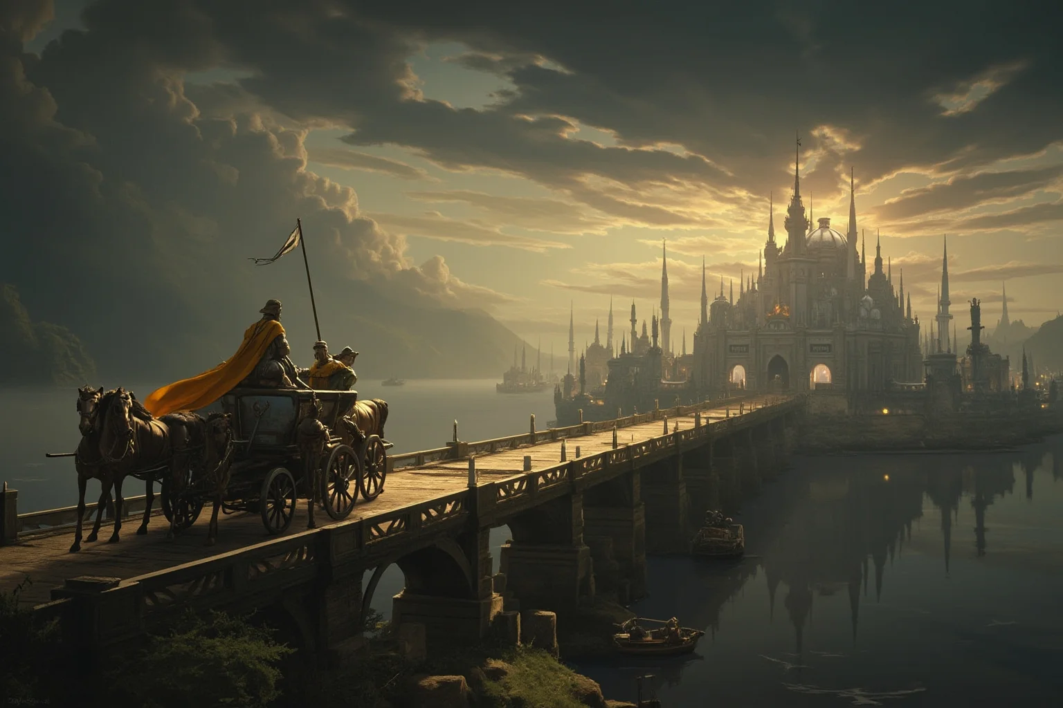A long bridge of boats across a calm bay with a chariot crossing, golden cloak, dramatic sky