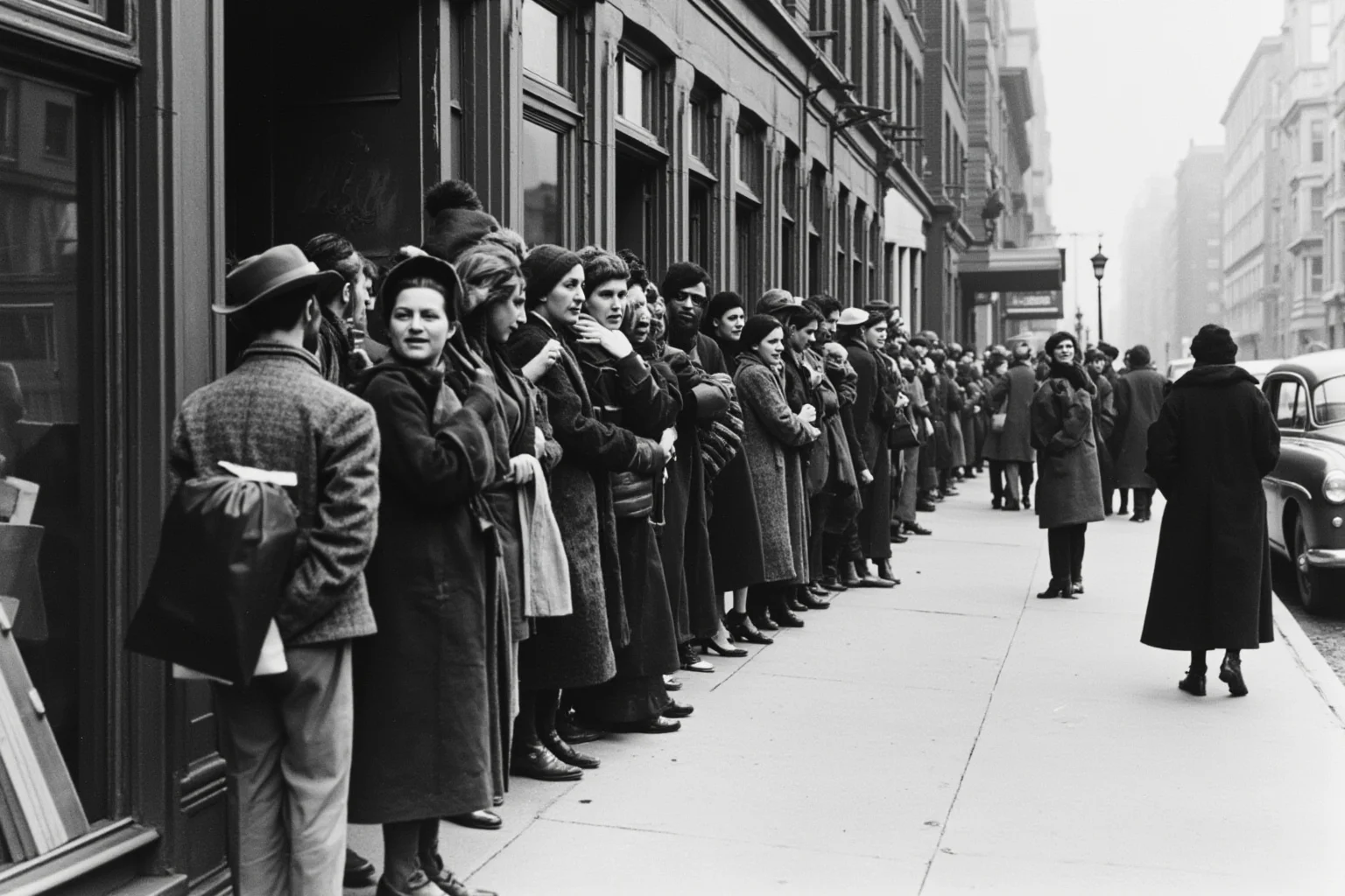 A long line of people waiting outside a soup kitchen in a 1930s American city, with volunteers serving food.