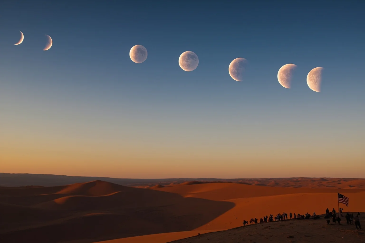 25 Times Historical Figures Predicted the End of the World 26 A lunar eclipse over a desert landscape shown as four successive moons across the sky, a small crowd of silhouetted figures watching from a ridge.
