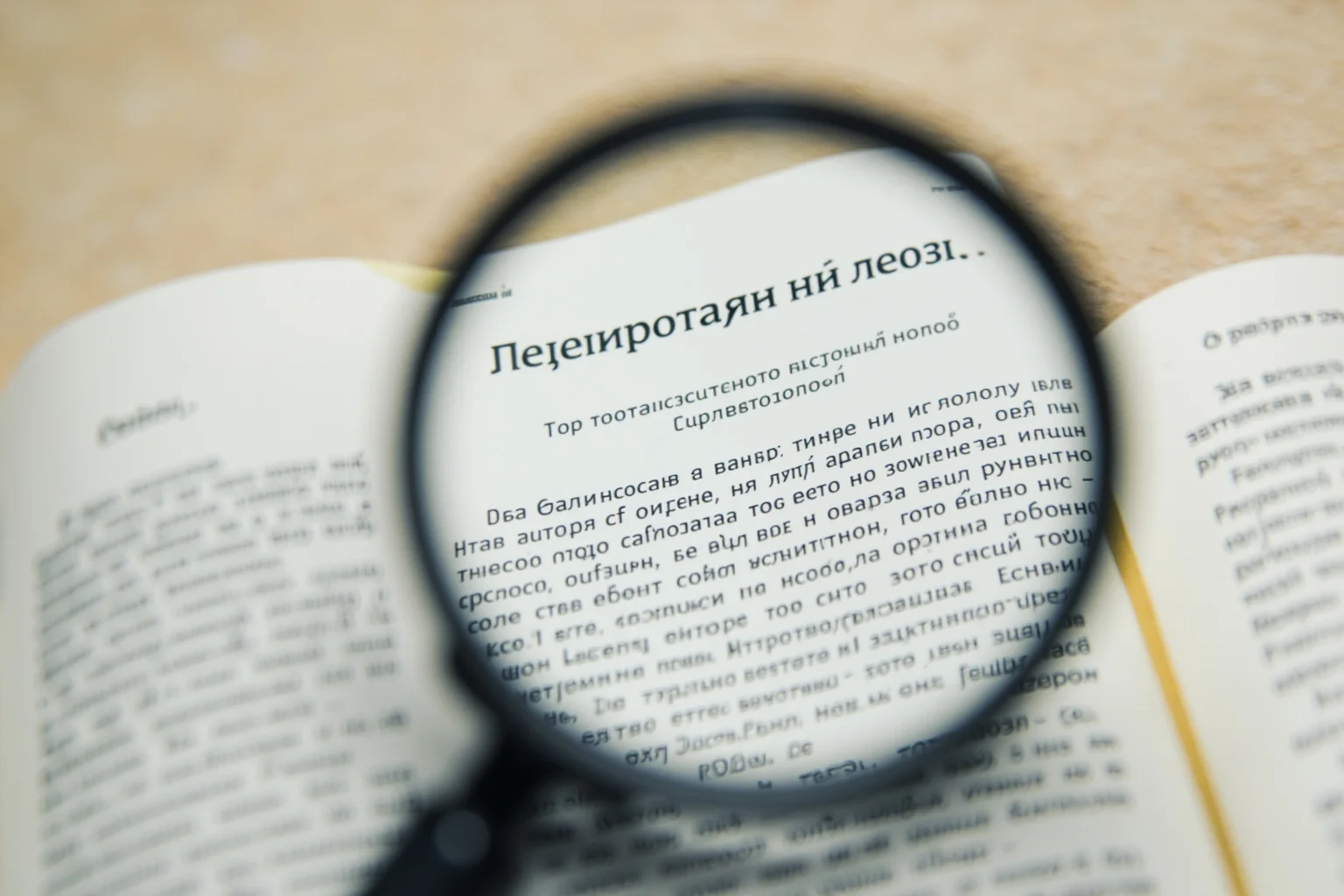 A magnifying glass over a document with Cyrillic text.