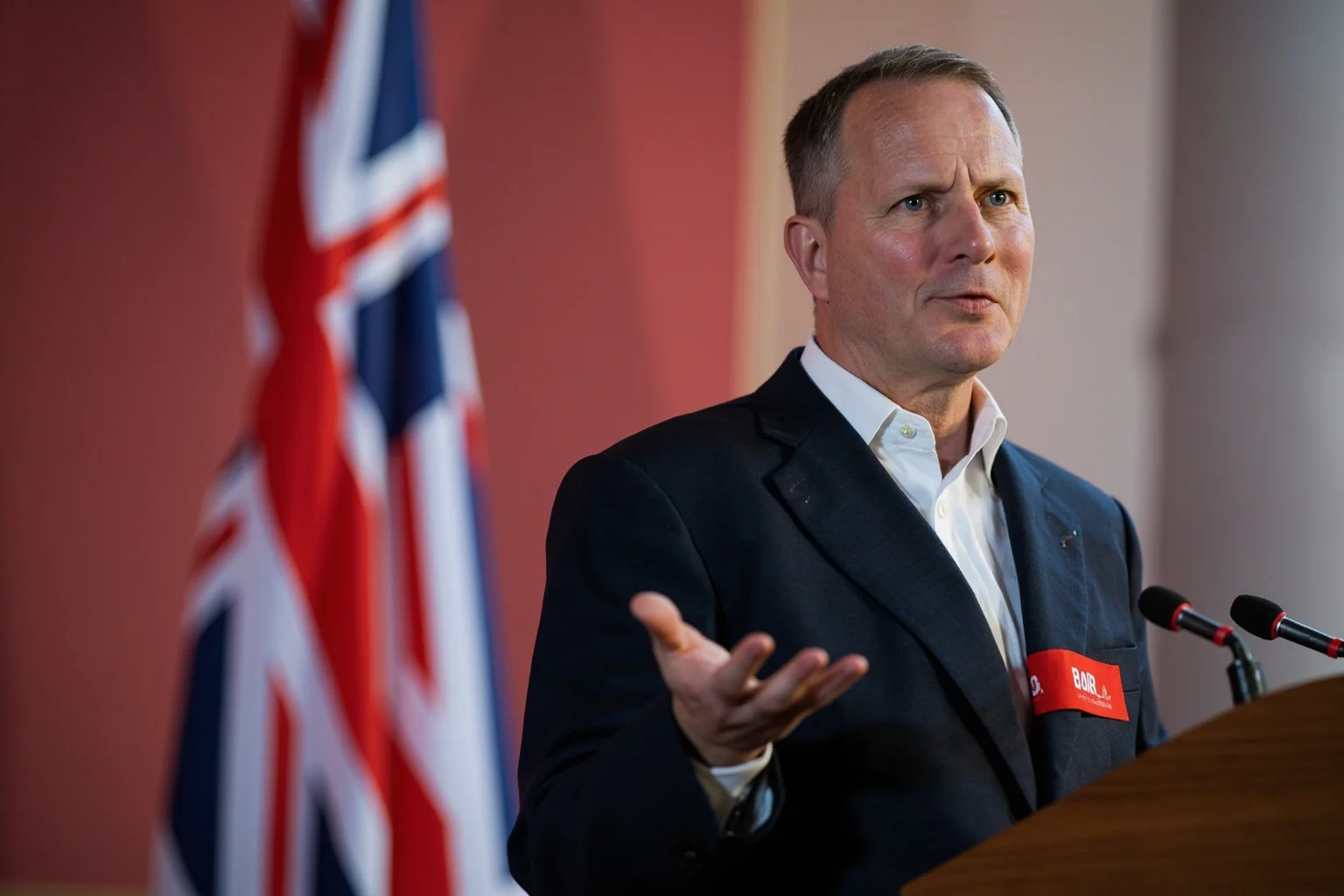 A man giving a speech at a podium with a British flag.