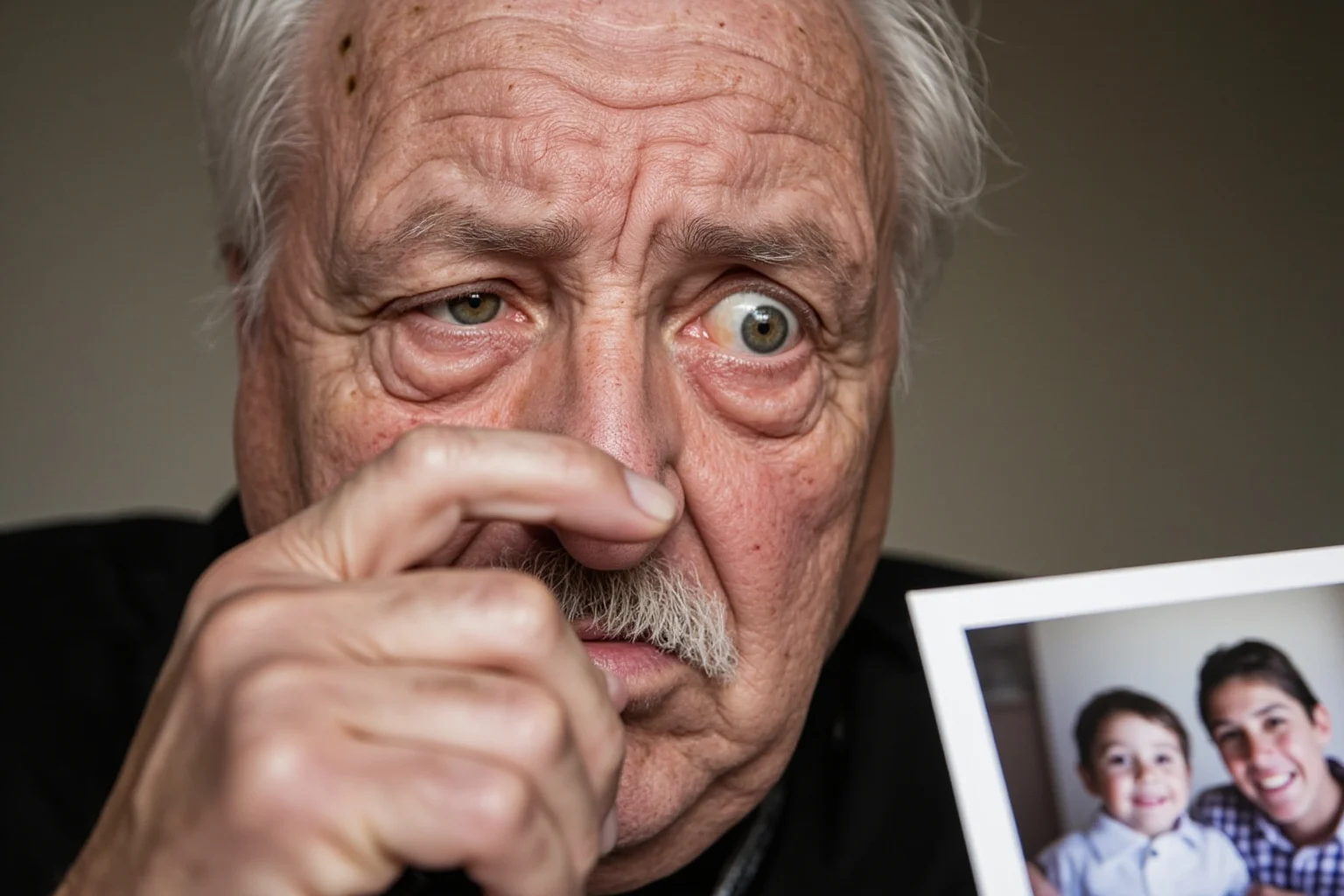 A man looking at a photo of his family, tears in his eyes.