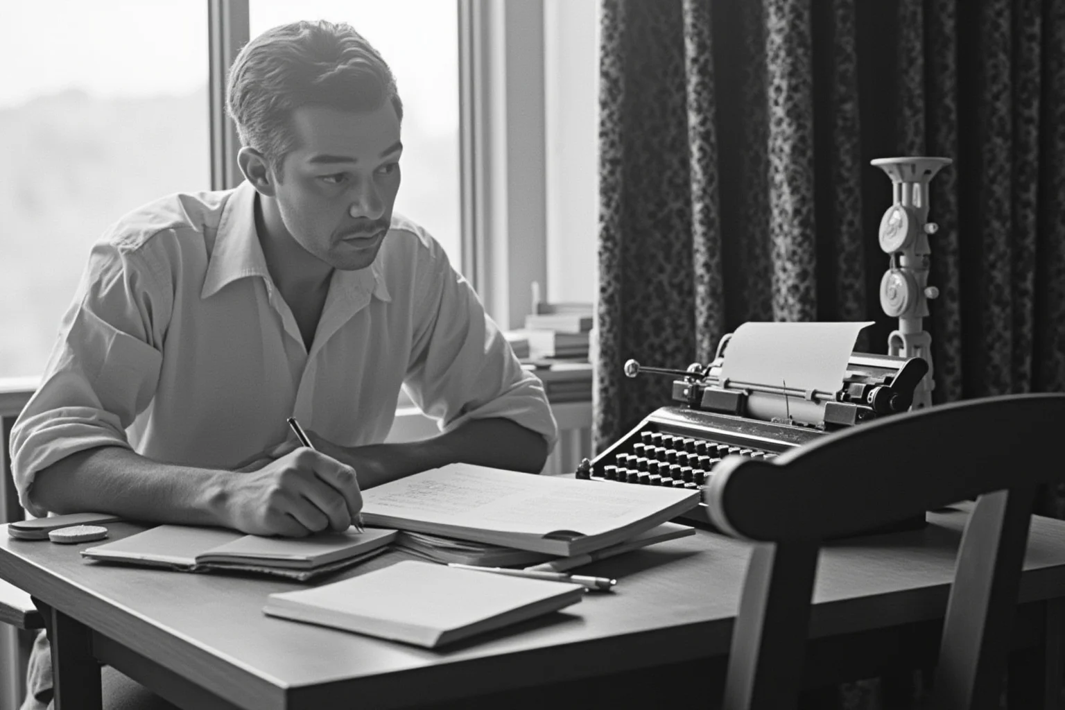 A man writing at a desk with books and a typewriter.