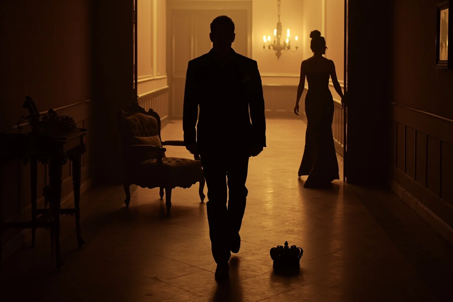 A man's silhouette in evening dress walking away from an ornate throne and a discarded crown toward a waiting female silhouette at the far end of the hall, warm lamplight.