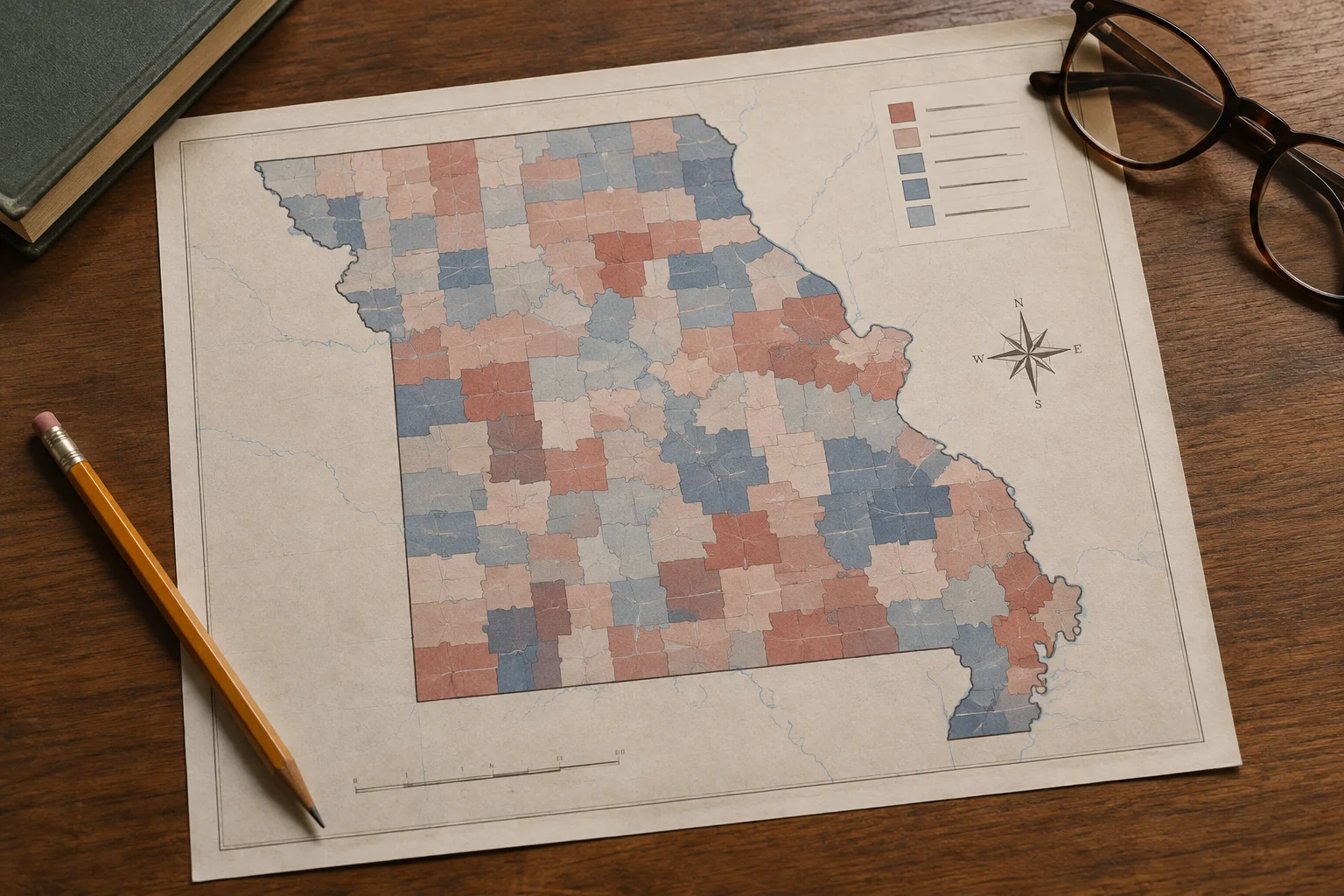 The Election Decided By A Dead Man: The True Story of Missouri's 2000 Senate Race 12 A map of Missouri rendered in muted reds and blues on a desk with a pencil and reading glasses, unreadable labels.