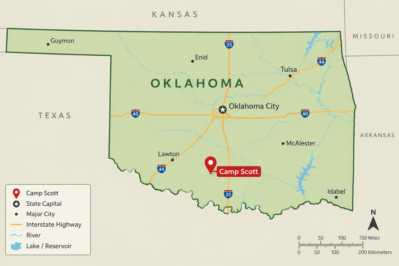 The Horrifying Camp Scott Incident That Still Haunts Oklahoma 10 A map of Oklahoma with a marker on Camp Scott, showing the location.