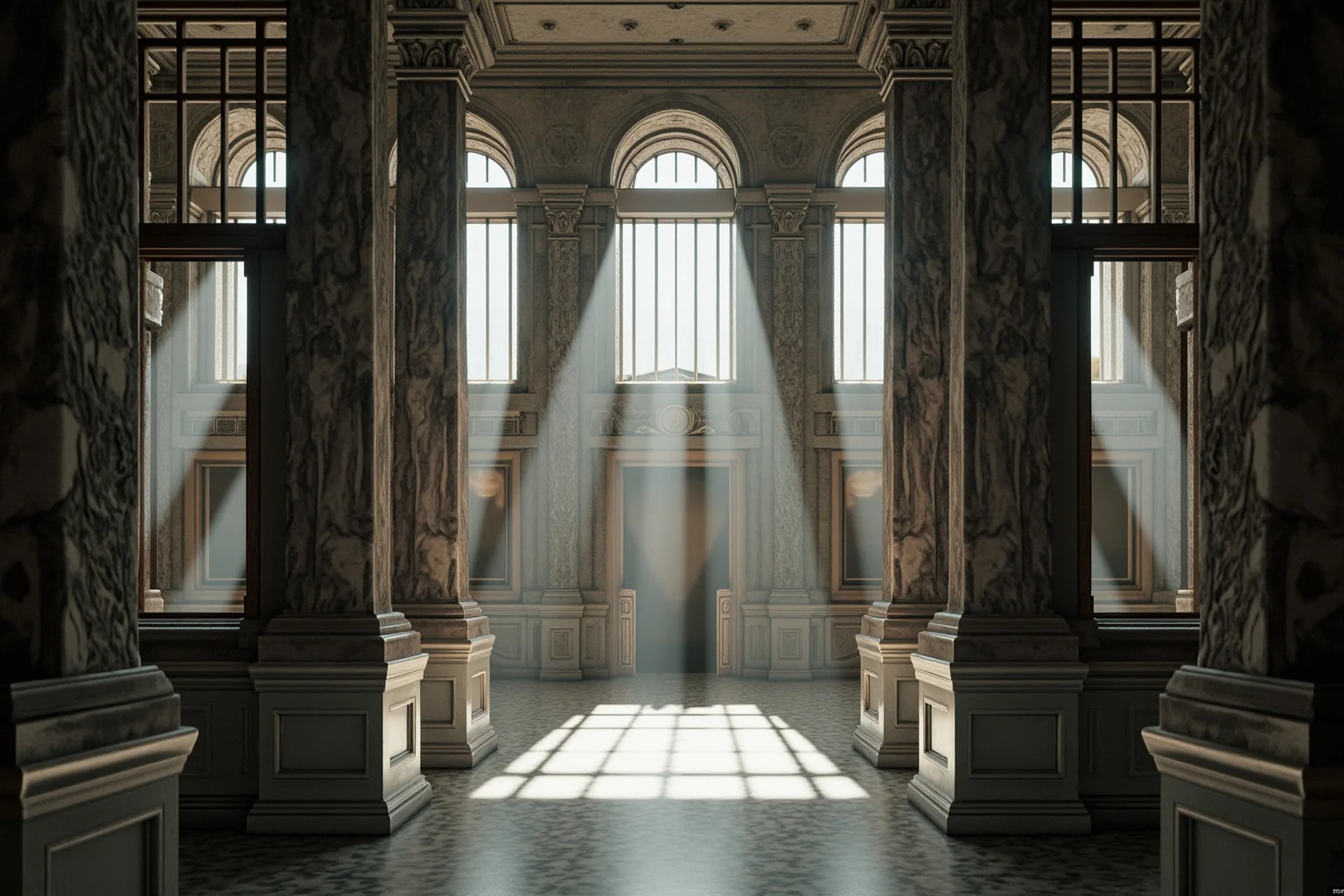 Old Money: 24 Hidden Dynasties That Shaped the Course of History 21 A marble bank interior on Wall Street in the early 1900s with tall columns and a brass clock, empty floor, dramatic shafts of window light, no people.