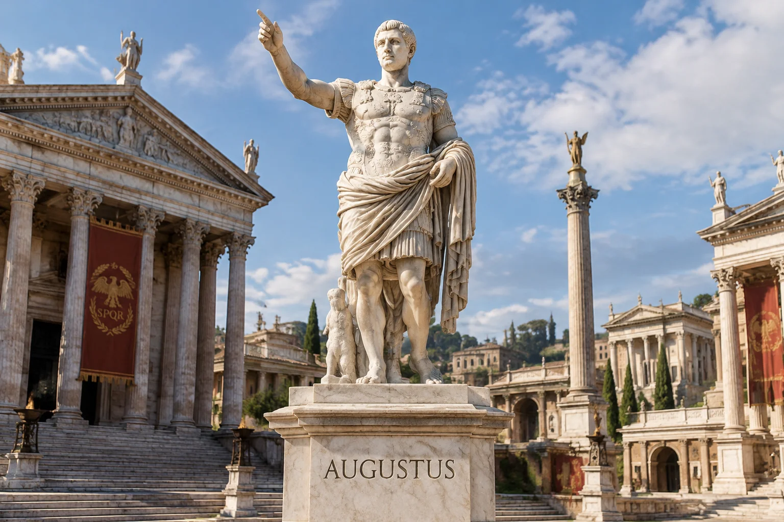 23 Best Roman Names: Ancient Rome's Most Popular Names 11 A marble statue of a Roman emperor with the name Augustus carved at the base, imperial forum setting
