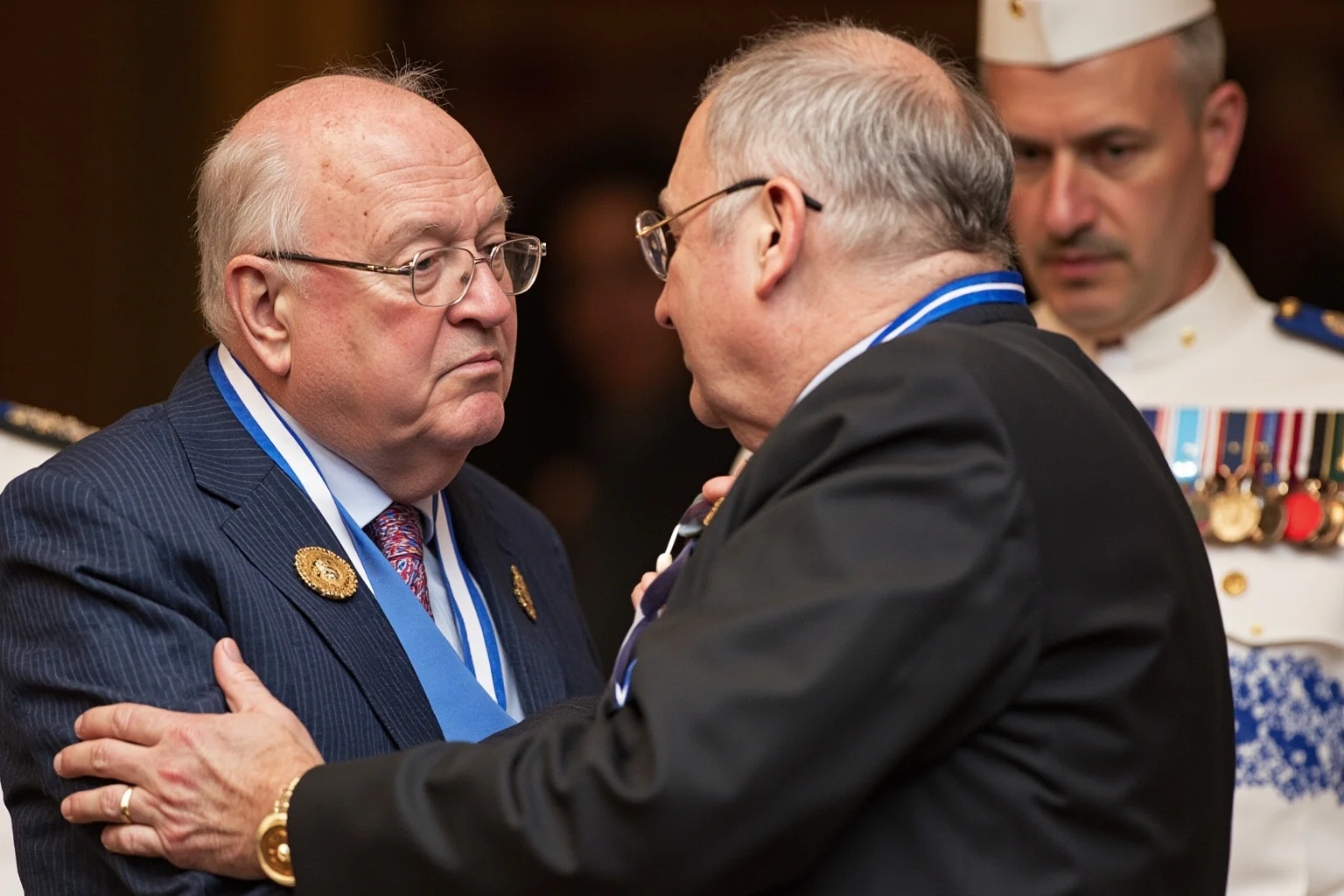 A medal ceremony with a man receiving an honor from the Queen.