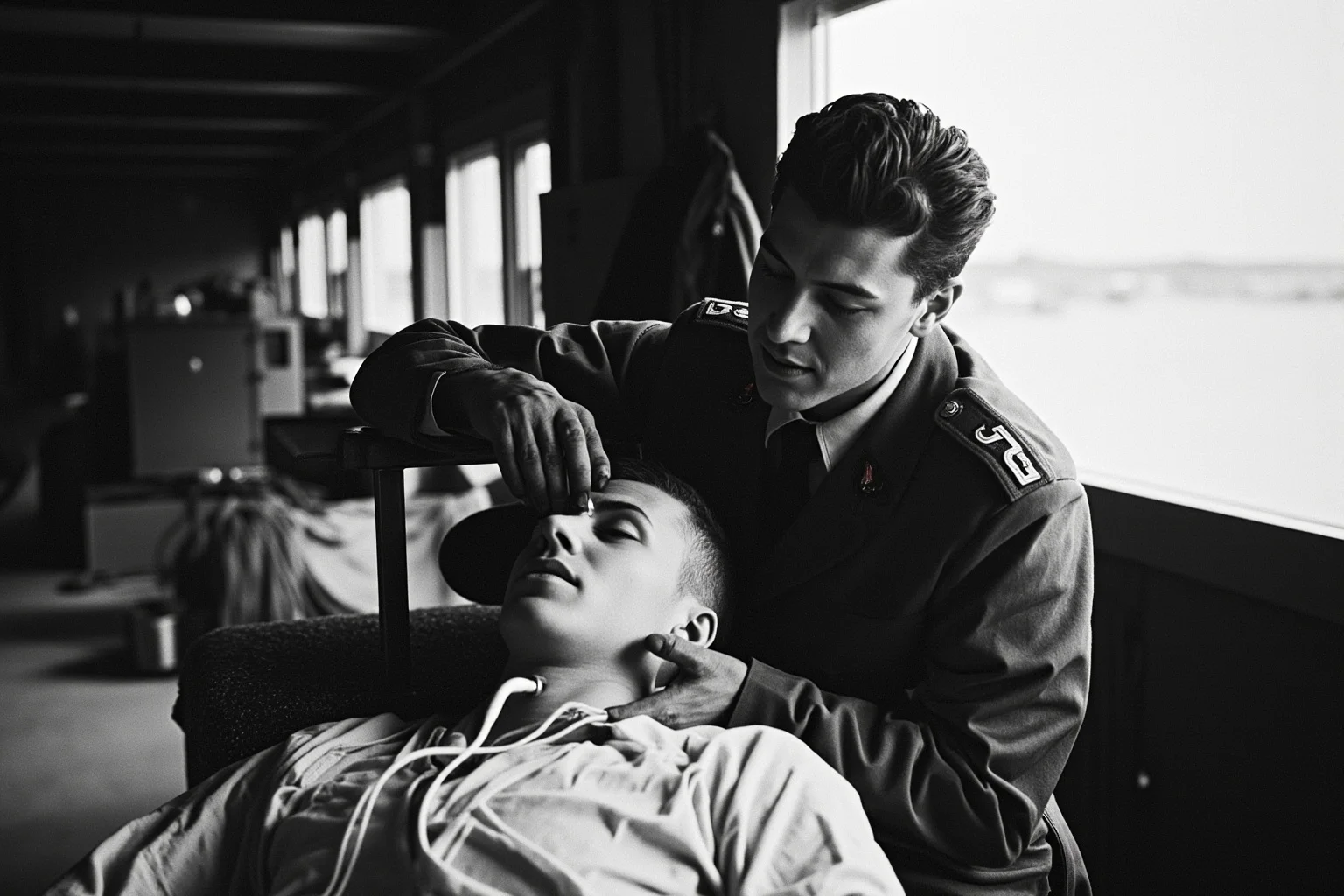 A medic administering a blood plasma transfusion to a wounded soldier in a field hospital, 1940s