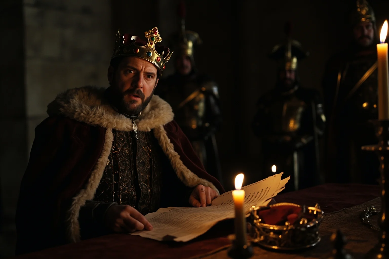 A medieval English king in a dim stone chamber reading aloud from a scroll by candlelight while armed guards watch, crown resting on a table, moody oil-painting style.