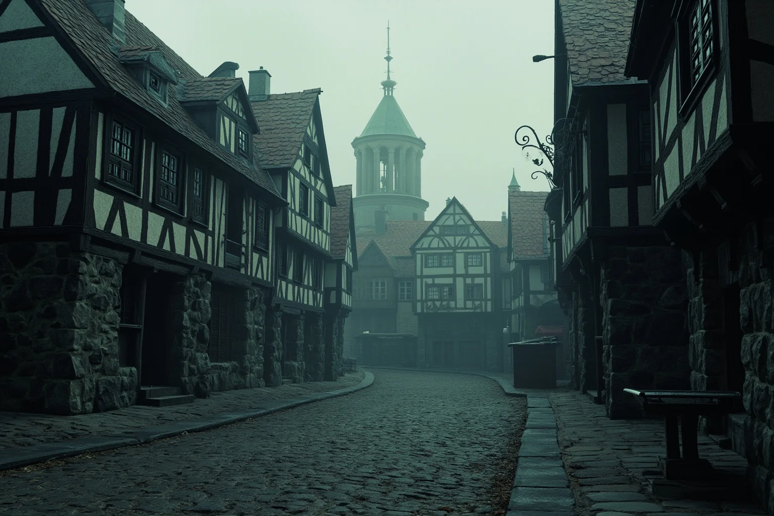 A medieval European town square with cobblestones and timber-framed houses, eerie empty atmosphere, overcast light