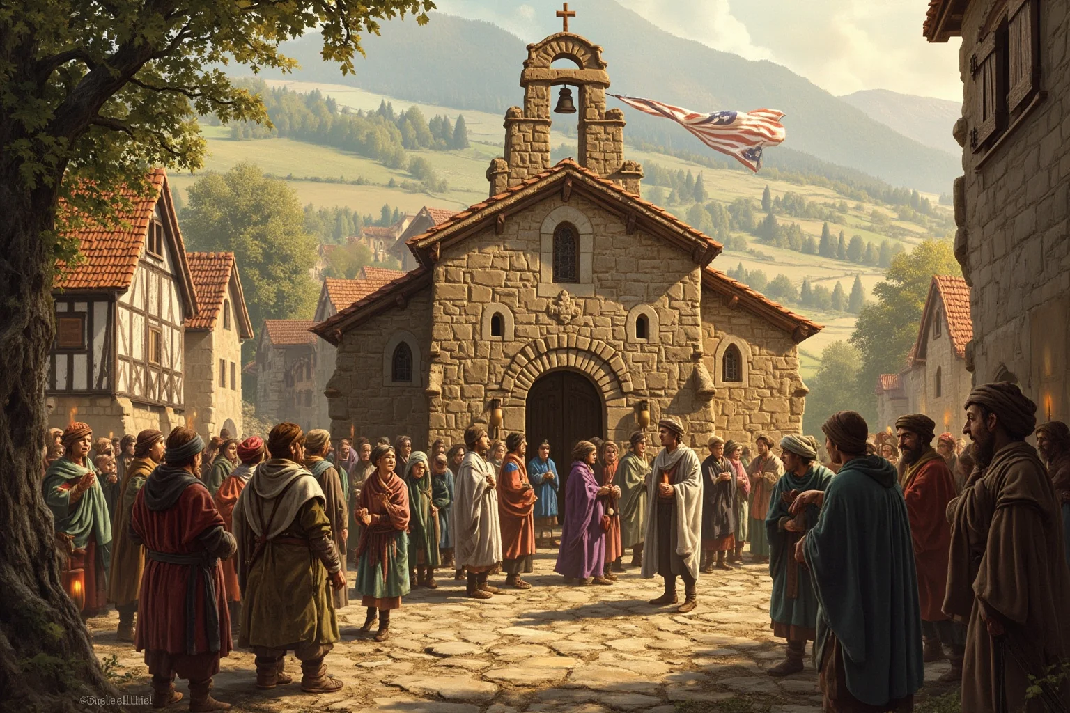 The Origins of Public Holidays and How They Began 3 A medieval European village celebrating a church feast day, a modest stone chapel with bells ringing, villagers gathering with simple banners and candles, soft morning light, illustrated history-magazine aesthetic.