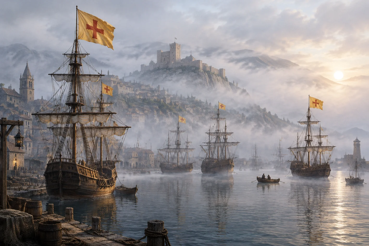 A medieval harbor with sailing ships anchored under quarantine flags, misty morning light, detailed historical illustration.