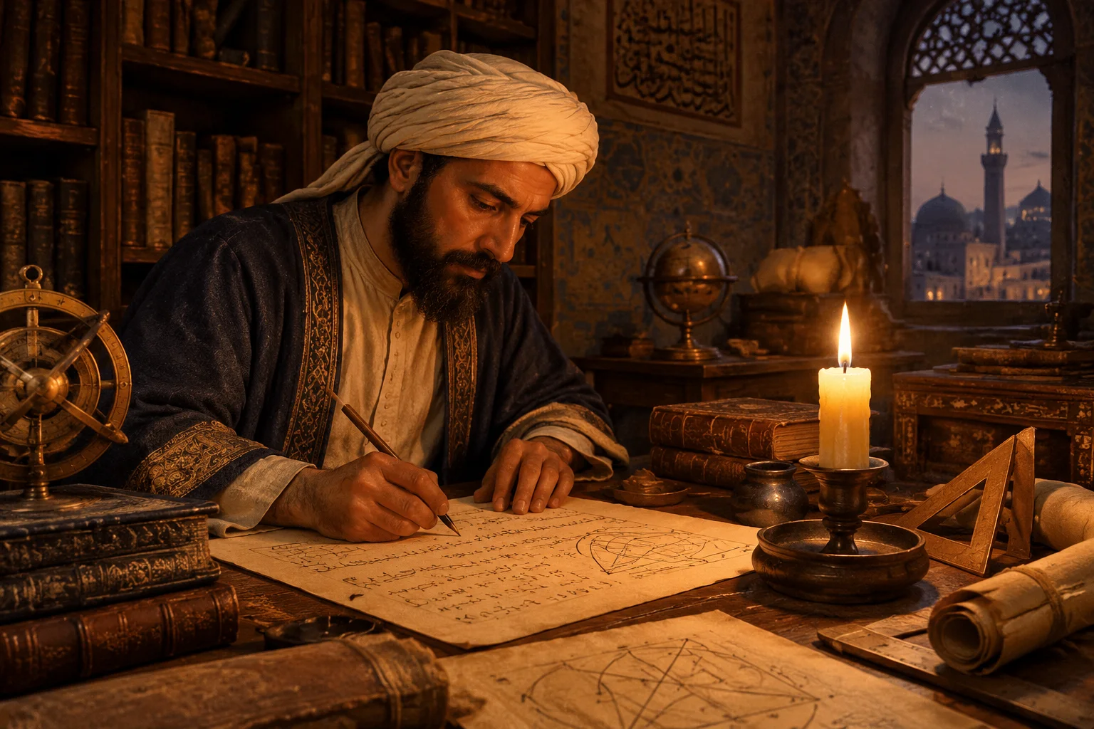 A medieval Islamic scholar writing mathematical equations by candlelight, warm scholarly atmosphere, historical illustration.