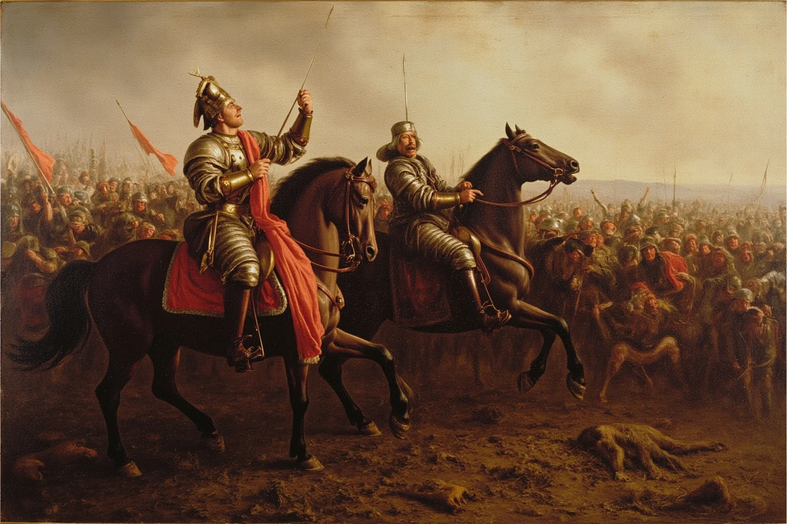 Military Tactics That Seemed Brilliant: 20 That Were Pure Desperation 15 A medieval king on horseback rallying exhausted soldiers before a battle, muddy field, Agincourt style, dramatic historical painting