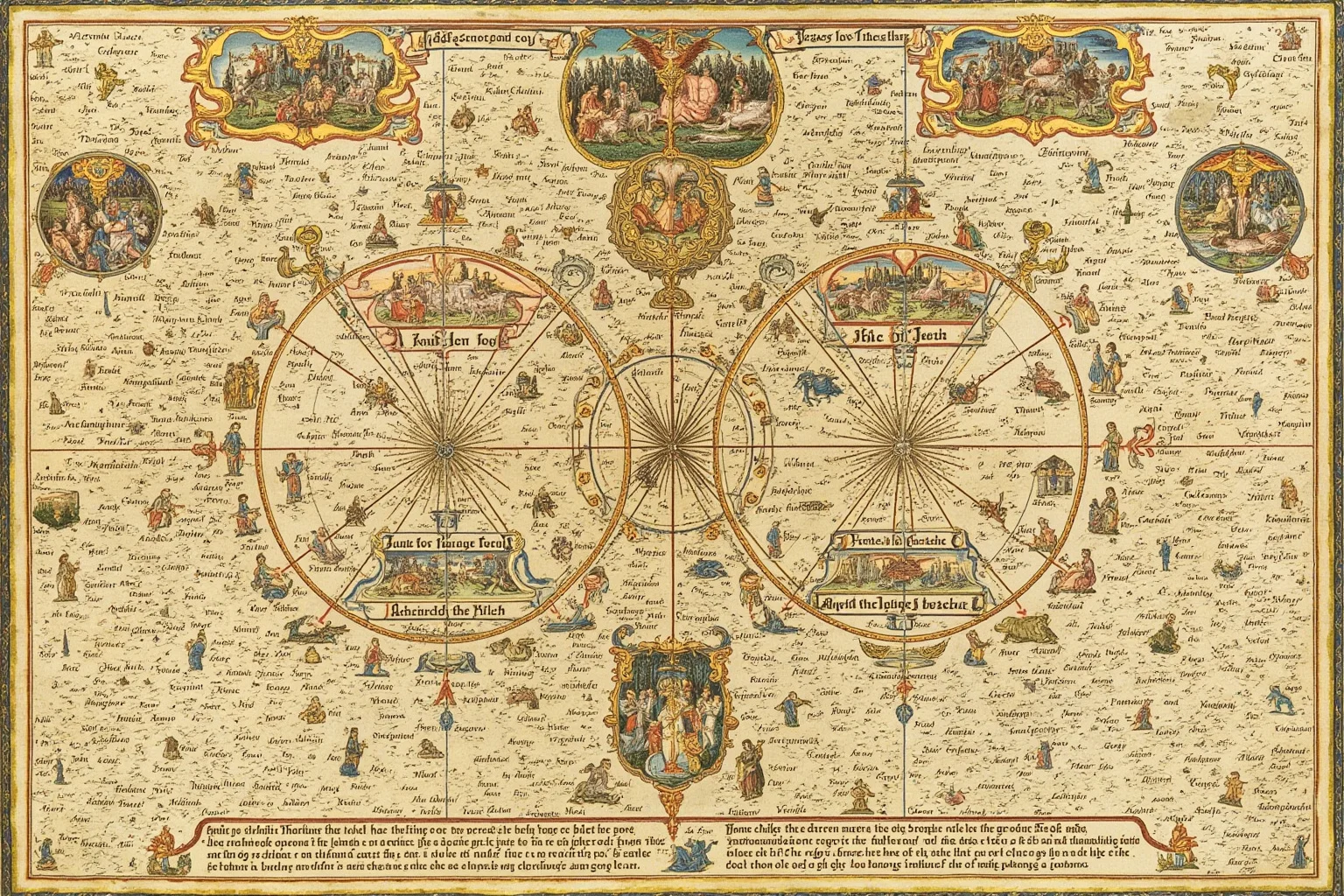A medieval mappa mundi with Jerusalem at the center, featuring biblical scenes and mythical creatures, illuminated on vellum.