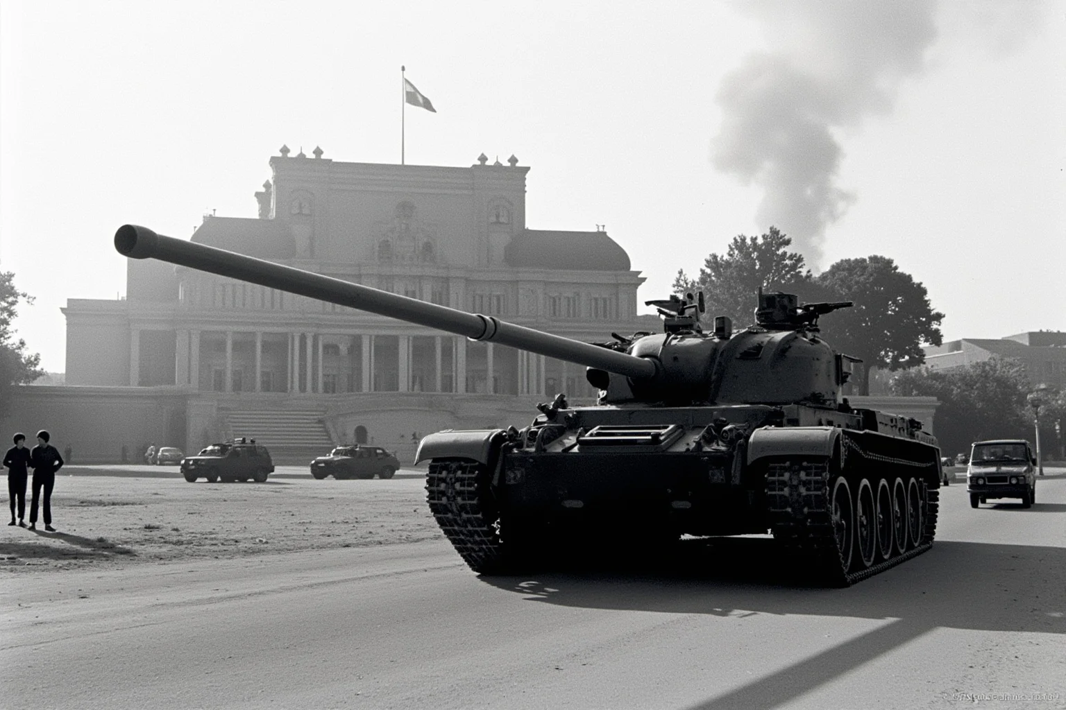 22 Evil Dictators Who Were Eventually Overthrown 14 A military tank in front of a presidential palace in Santiago, Chile, 1973, smoke in the sky, no identifiable persons.