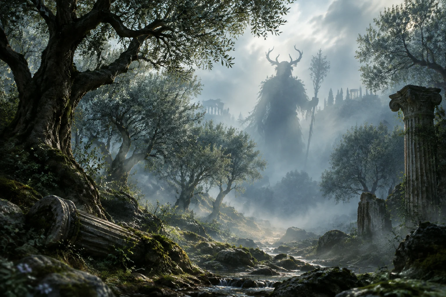 A misty ancient Greek forest with a shadowy horned woodland god figure in the distance, atmospheric illustration.