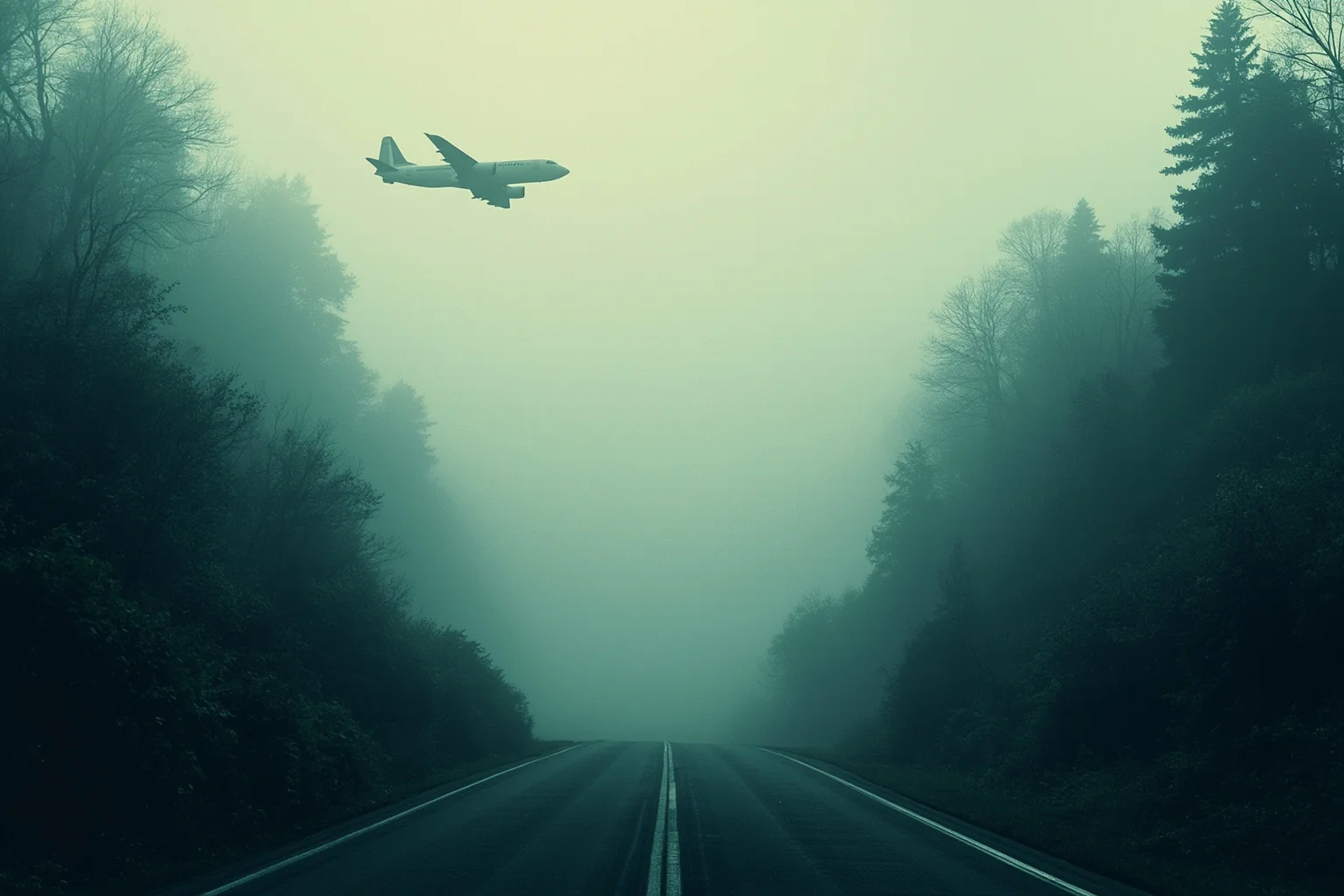 A misty mountain road in Virginia with a small 1970s airplane silhouette in the foggy sky, moody atmospheric illustration