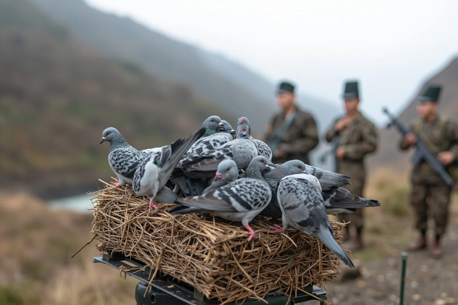 A modern Chinese military scene showing a pigeon loft at a remote outpost in a mountainous region with soldiers in the background
