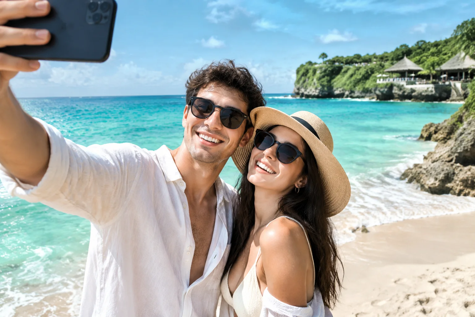 When Did Honeymoons Become A Normal Part Of Getting Married? 8 A modern couple on a beach in Bali, taking a selfie with a smartphone, turquoise water, relaxed and joyful, contemporary honeymoon scene.