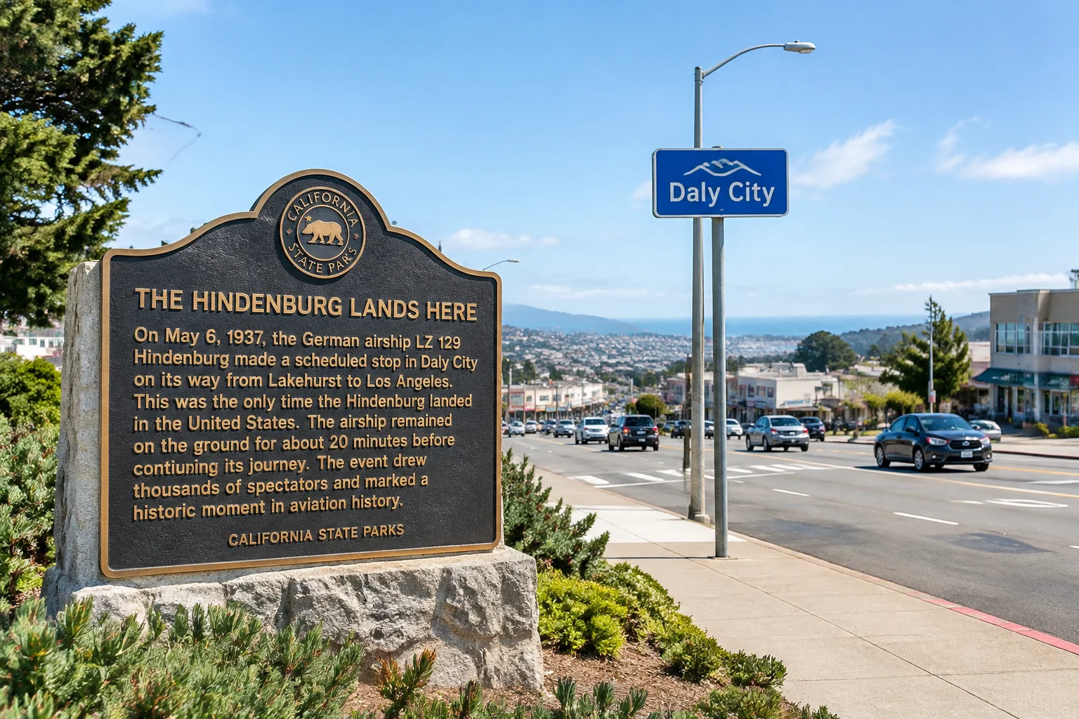 Ghost Blimp 1942: The WWII Blimp That Landed in San Francisco Without a Crew 15 A modern-day view of the Daly City street where the blimp landed, with a historical marker plaque, sunny day.