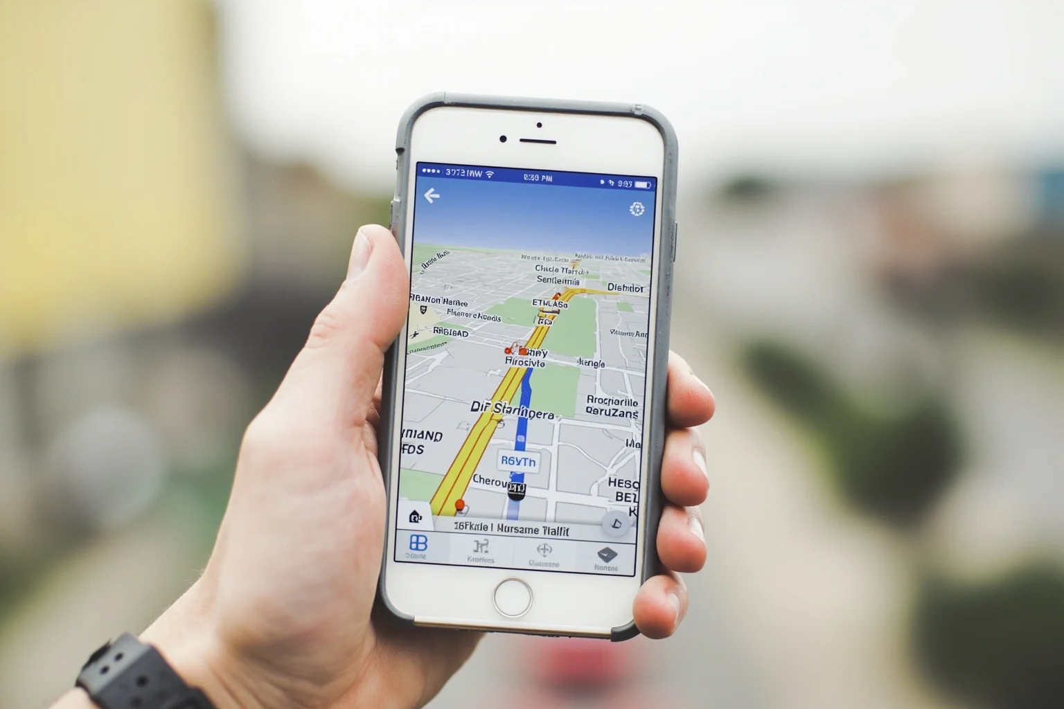 A modern digital map interface on a smartphone showing GPS navigation, with satellite imagery and real-time traffic.