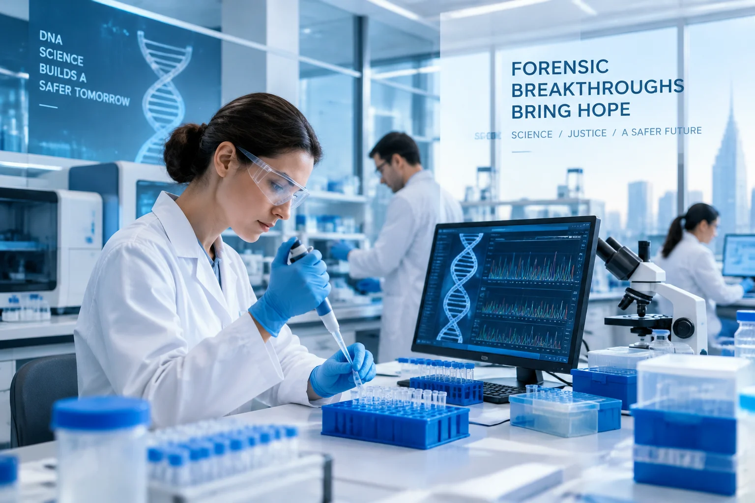 The Horrifying Camp Scott Incident That Still Haunts Oklahoma 8 A modern DNA lab with scientists working, symbolizing hope for forensic breakthroughs.