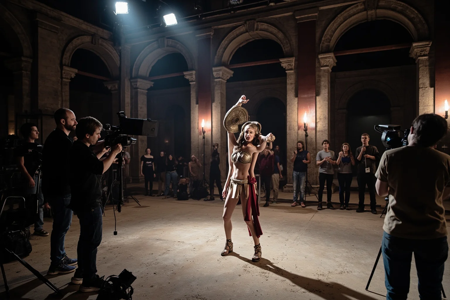 Yes, Female Gladiators Existed — And Here's Everything You Need to Know About Them 23 A modern film set depicting a female gladiator scene with cameras and lighting equipment, representing pop culture's embrace of the topic