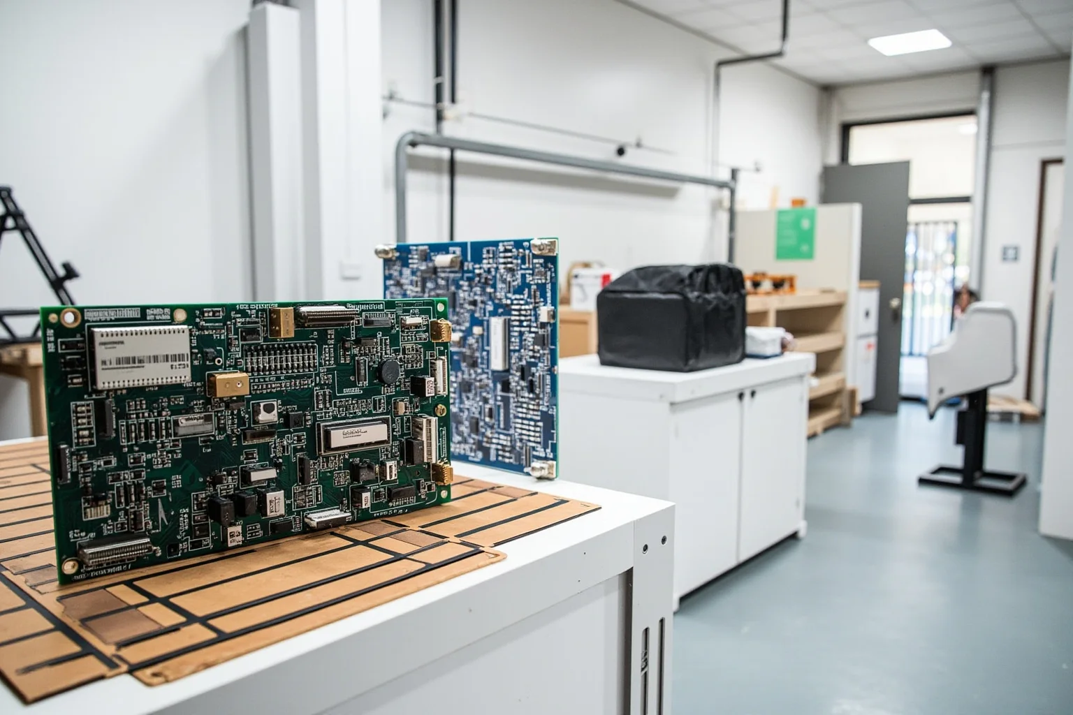 A modern minimalist garage workshop with circuit boards and a computer prototype on a workbench, no people visible.