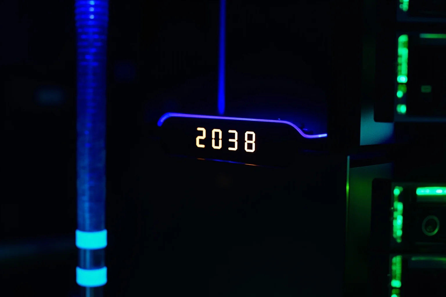A modern server room with a glowing clock display reading 2038 on a rack panel, cool blue and green lighting, no people