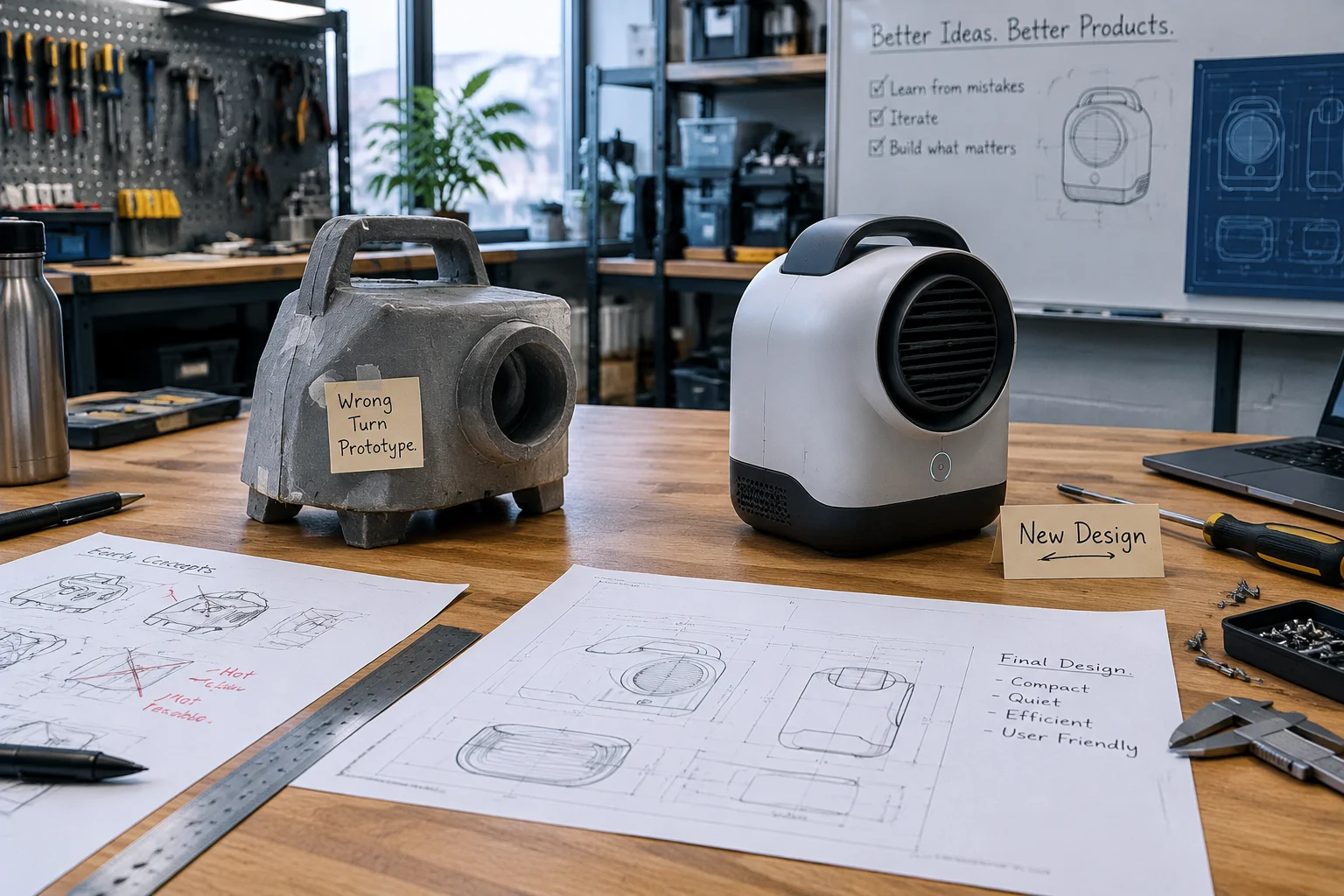 A modern workshop where a wrong-turn prototype sits beside a newly designed product, blueprints and tools around
