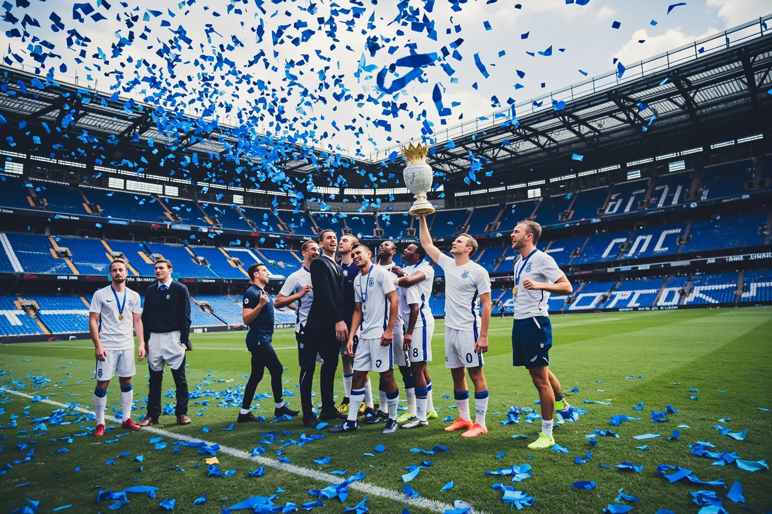 The Greatest Underdog Stories in History: 20 Unlikely Wins That Still Inspire 8 A modest English football stadium celebrating a championship trophy under blue and white confetti, generic players, no real faces.