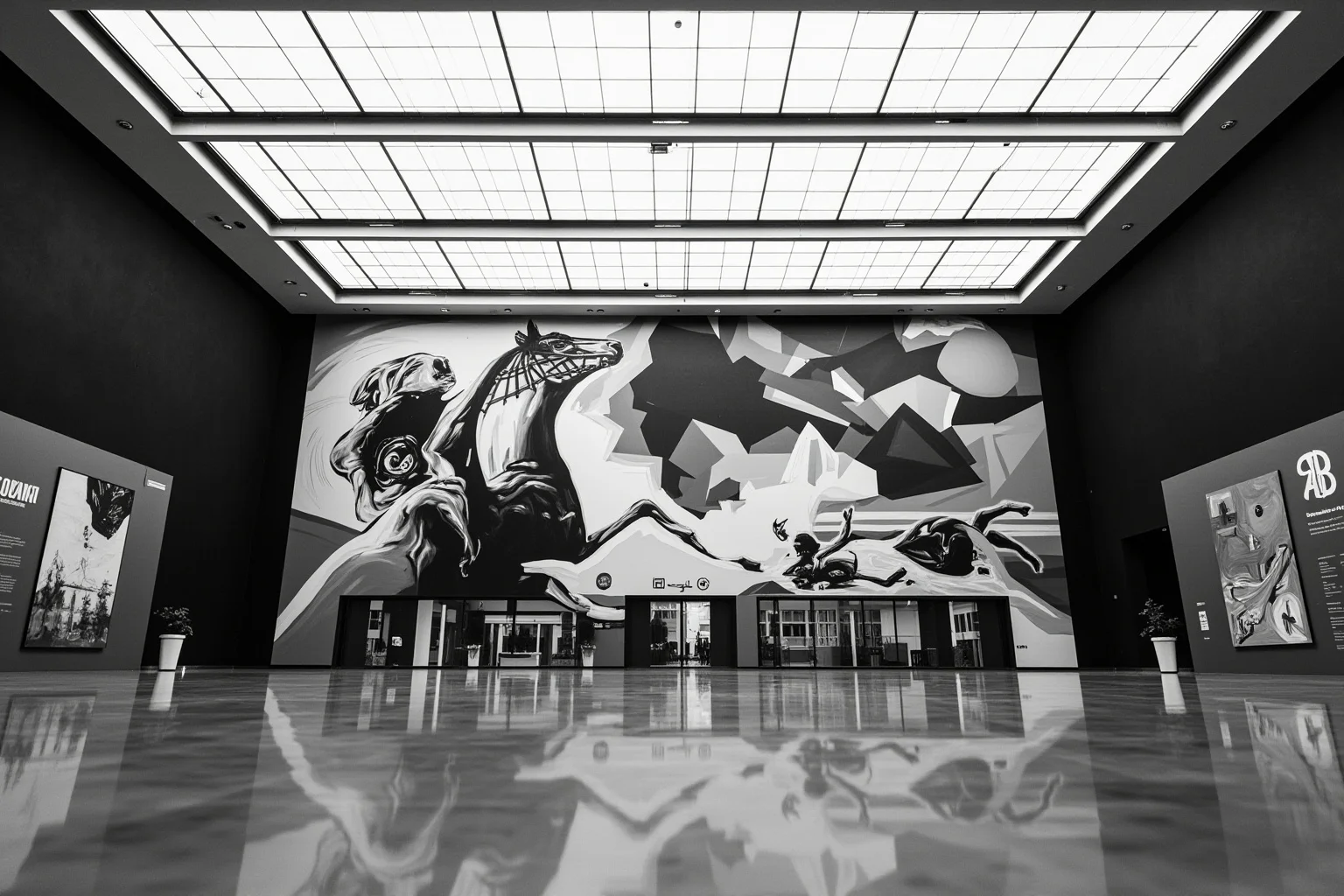 A monumental black, white, and gray anti-war mural with screaming horse, fallen figure, and shattered shapes hanging in a museum hall