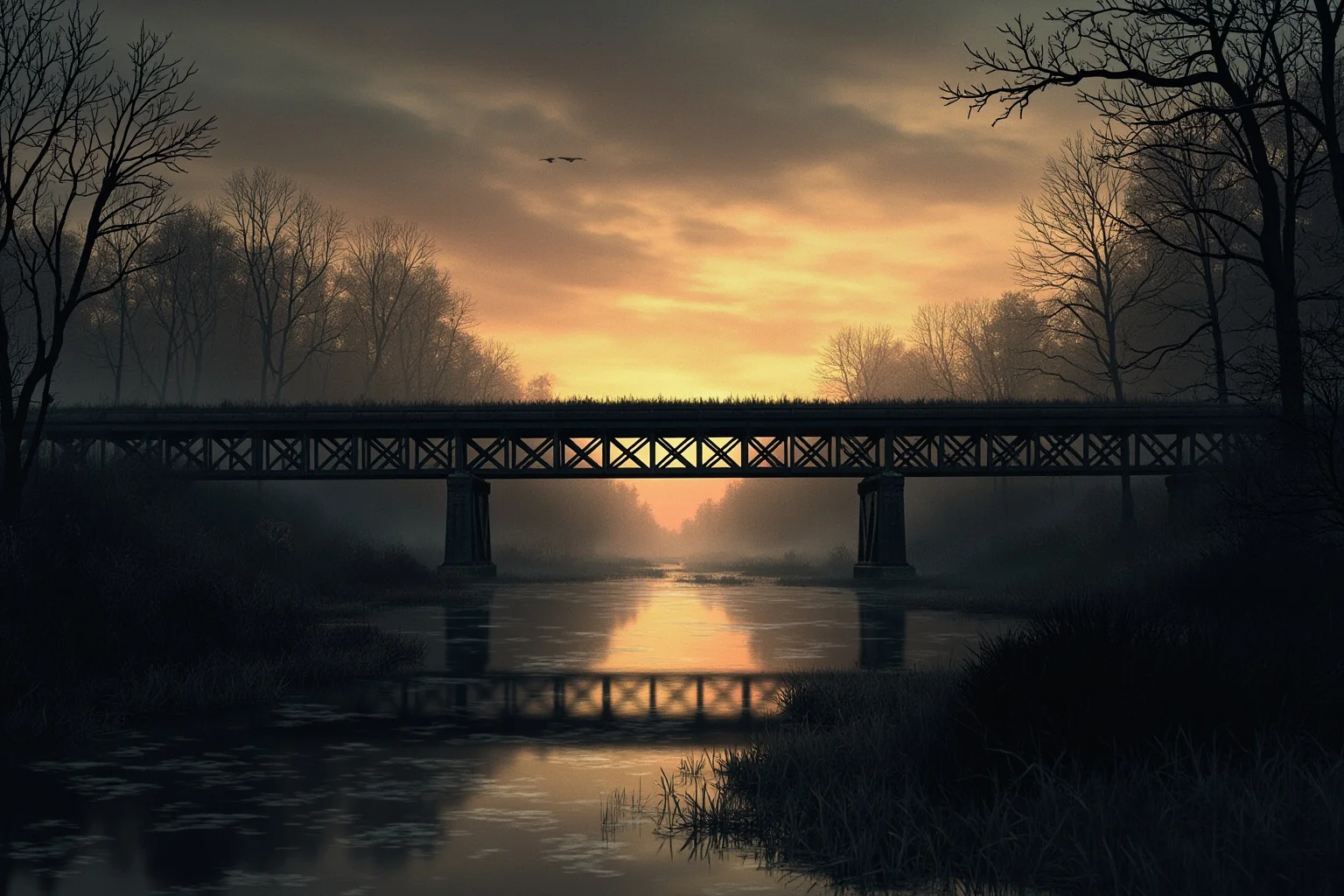 Ambrose Bierce: The Famous Author Who Vanished Into Thin Air 2 A moody illustration of a wooden railroad bridge over a misty creek at dawn in the Civil War South, with distant Union soldiers' silhouettes