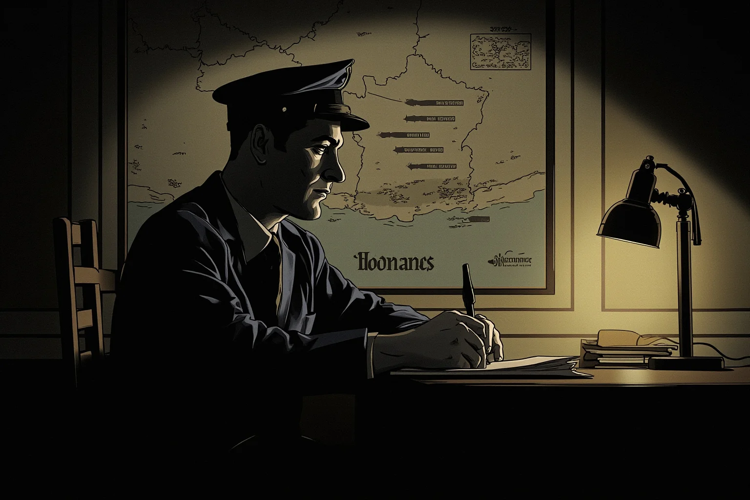 The Craziest Examples of the Butterfly Effect Throughout History 5 A moody WWII-era illustration of a double agent at a safe house desk, writing in a ledger by lamplight, with a wall map of France behind him showing fake invasion arrows at a beach.