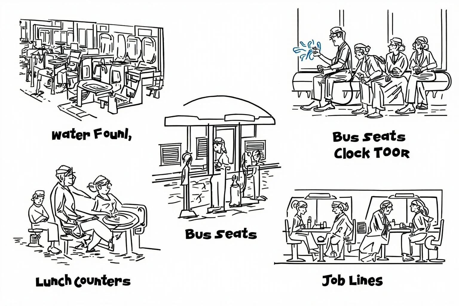 A mosaic illustration of water fountains, bus seats, lunch counters, and job lines, symbolic of systemic racism, no people.