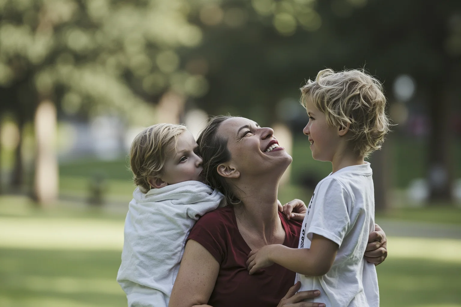 Things To Learn About The Beloved Princess Diana 10 A mother hugging two children in a park, faces turned away from camera, soft natural light, no recognizable public figures.