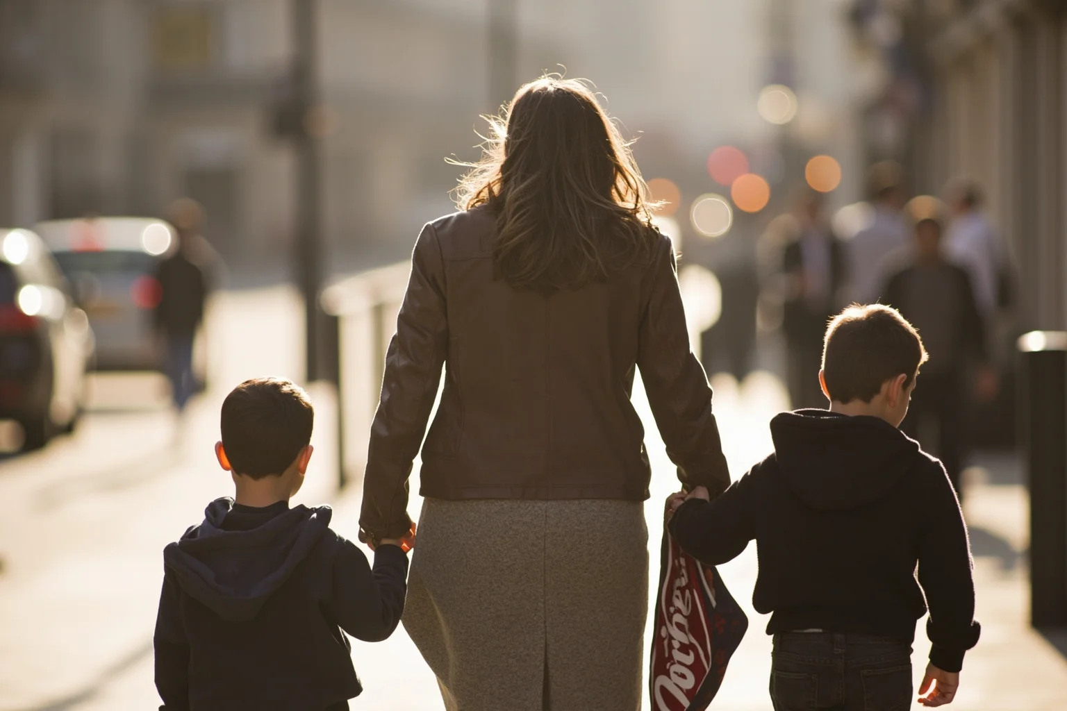 Things To Learn About The Beloved Princess Diana 9 A mother walking hand-in-hand with two young boys on a London street, viewed from behind, faces not visible, warm afternoon light.