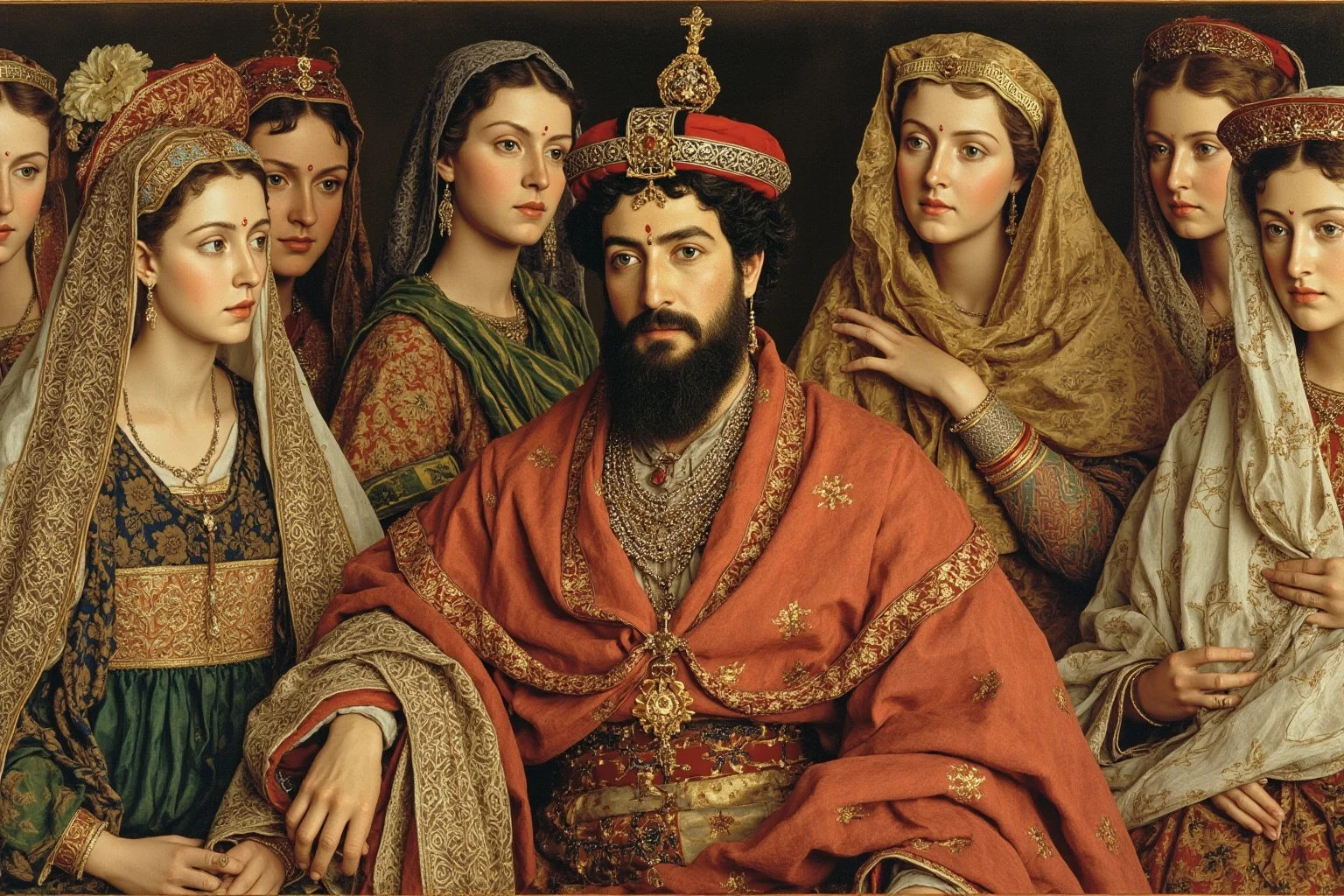 A Mughal emperor with multiple wives in a harem setting, faces not detailed