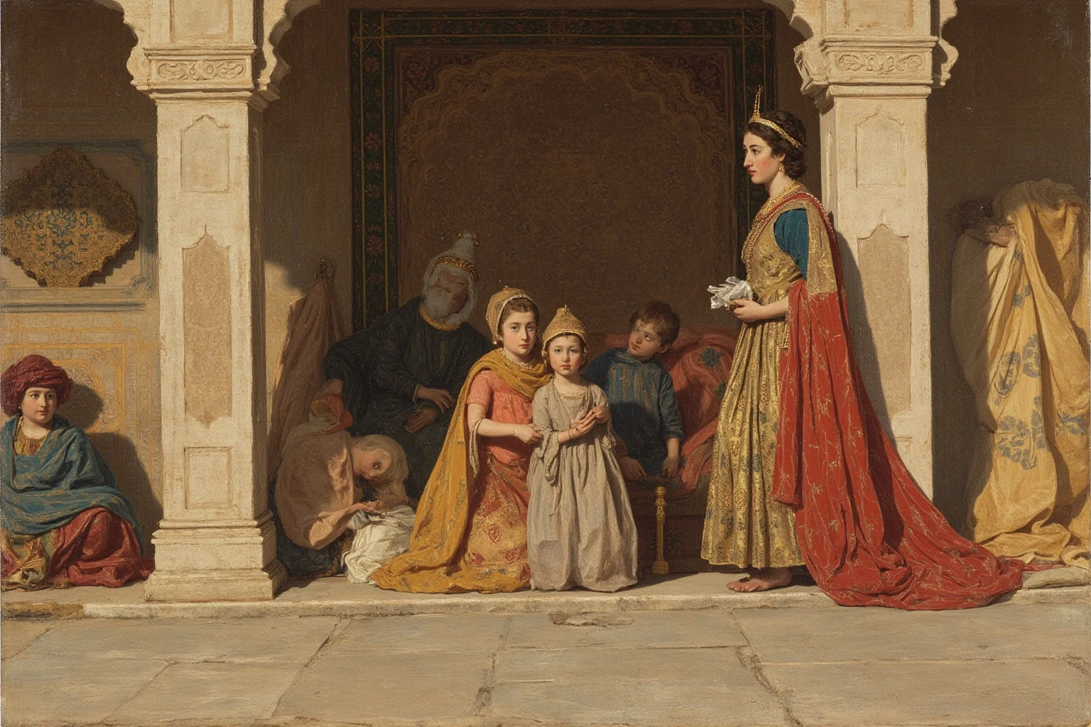 A Mughal empress with her children in a palace courtyard, faces generic