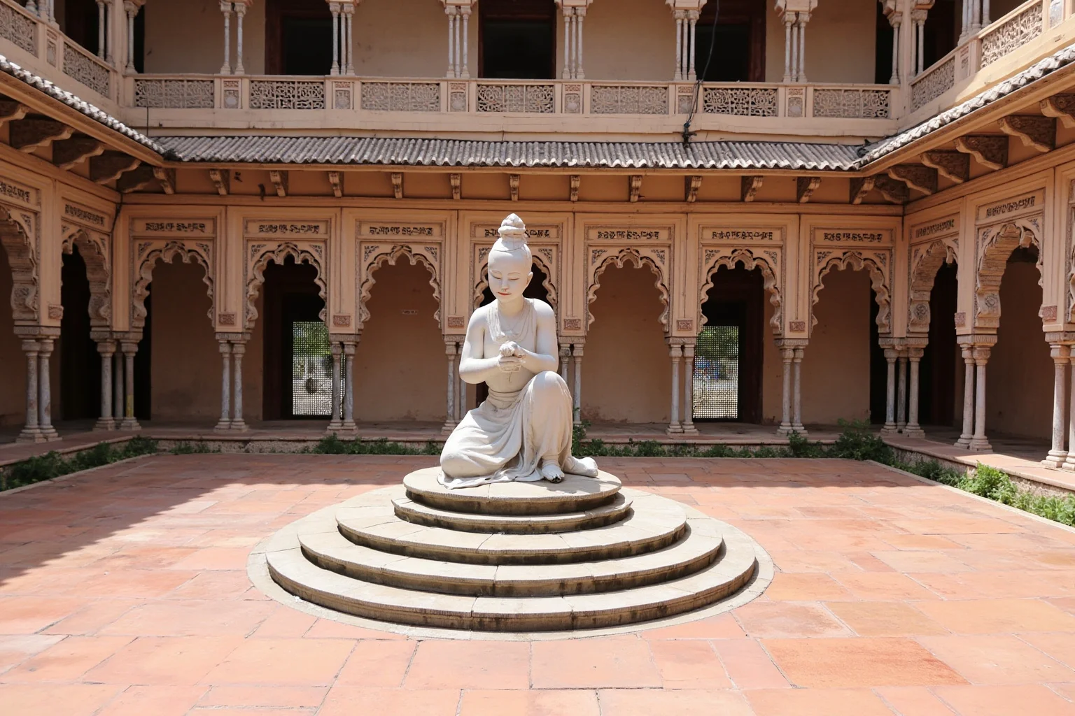 A Mughal Indian palace courtyard with ornate pigeon lofts, a royal figure, and color-coded message threads visible on a table