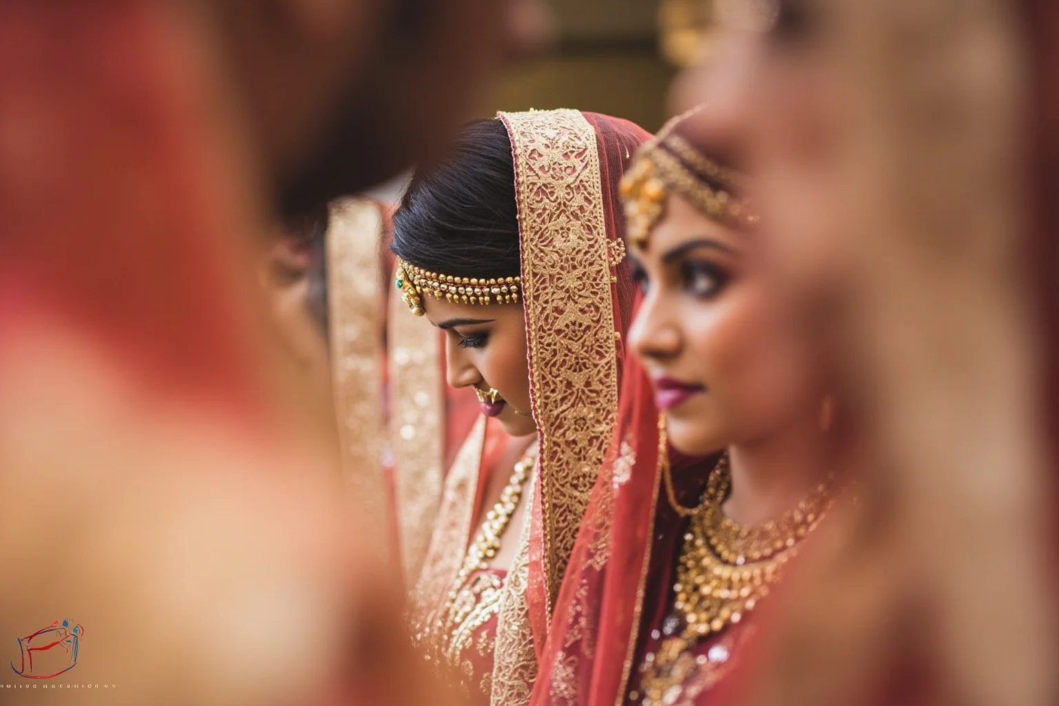 A Mughal wedding ceremony with rich fabrics and jewelry, faces blurred