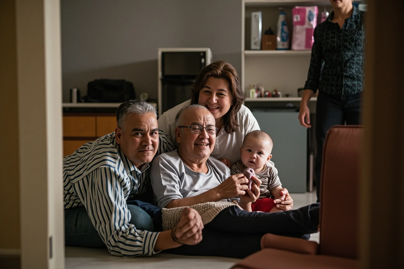A multi-generational family sharing a small apartment, showing cramped but cooperative living conditions.