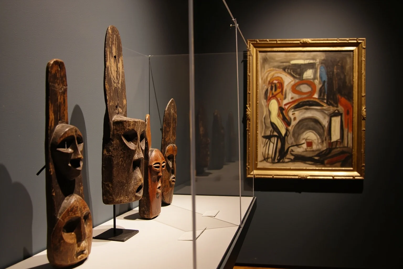 A museum display case containing carved wooden African masks beside an abstract Cubist canvas, gallery lighting, respectful editorial illustration