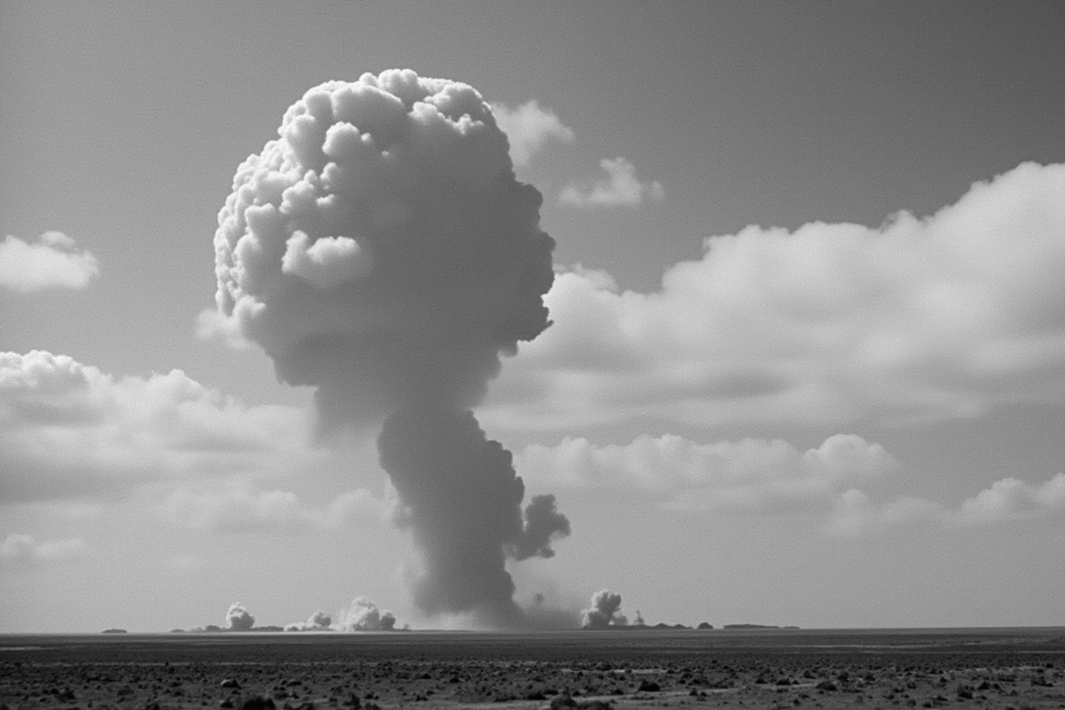 A mushroom cloud over a desert test site in 1945, distant view, historical documentary style