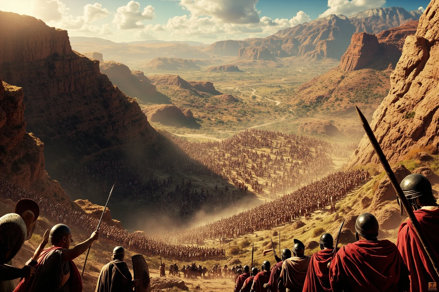 Military Tactics That Seemed Brilliant: 20 That Were Pure Desperation 4 A narrow mountain pass defended by a small group of Spartan warriors against a huge Persian army, ancient Mediterranean landscape, classical art style