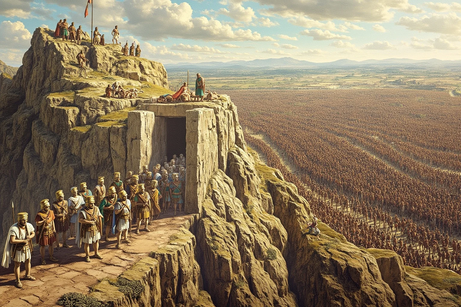 The Greatest Underdog Stories in History: 20 Unlikely Wins That Still Inspire 3 A narrow mountain pass where a small group of ancient Greek soldiers stands against a distant vast army, historical illustration style.